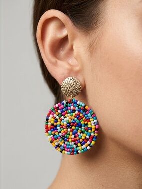 Multicolor Seed Bead Disc Drop Earrings - Gold Accent